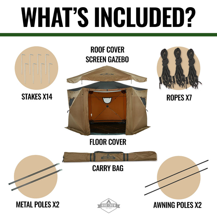 Hike Crew 13’ x 13’ Waterproof Pop Up Gazebo Tent, 6-Sided Outdoor Tent Canopy w/Floor & More