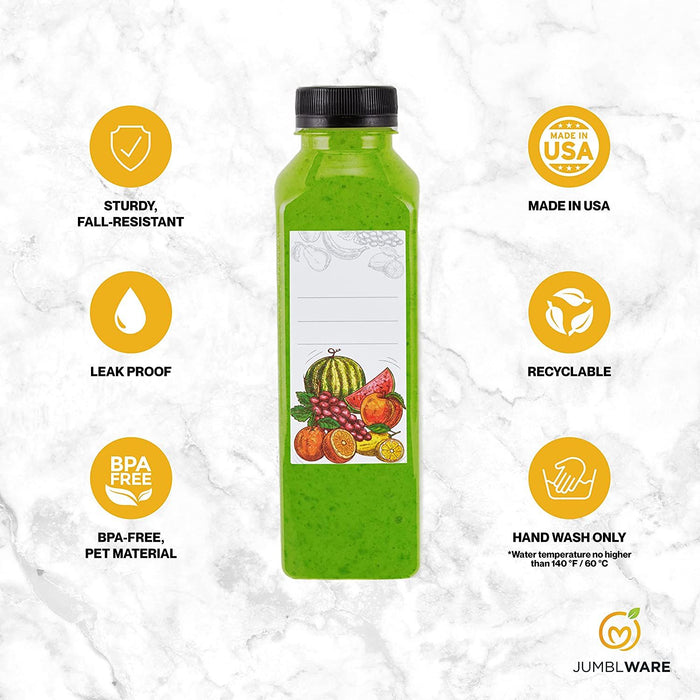 JumblWare 16 fl oz. Clear Plastic Juice Bottles with Caps, Recyclable Juice Bottles, 20 Pcs