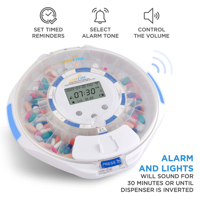 LiveFine Smart WiFi Automatic Pill Dispenser, 28-Day Pill Organizer with Lock Key & App - Clear Lid