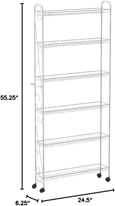 SkyMall Slim Rolling 6-Tier Shelf, White Metal with Elegant Scroll Design Accent - Extra Kitchen and Bathroom Storage, 6"
