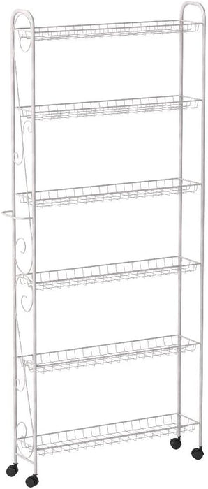 SkyMall Slim Rolling 6-Tier Shelf, White Metal with Elegant Scroll Design Accent - Extra Kitchen and Bathroom Storage, 6"
