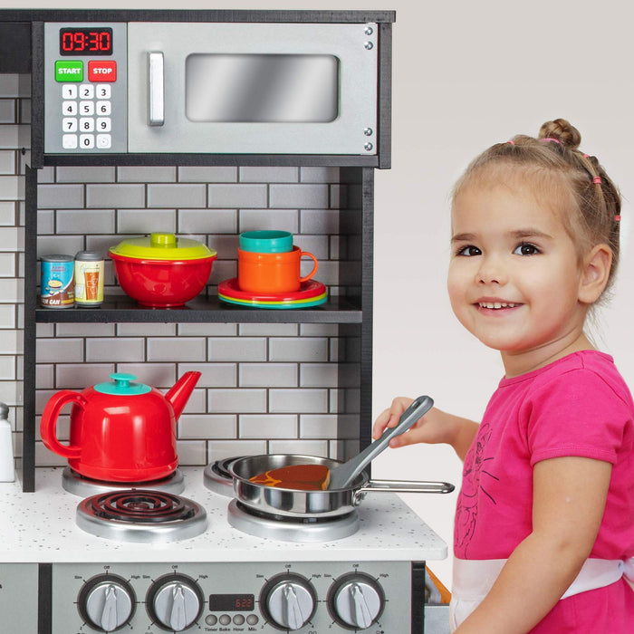 Lil' Jumbl Kids Kitchen Set, Wooden Pretend Play Kitchen with Sounds & Accessories - Charcoal