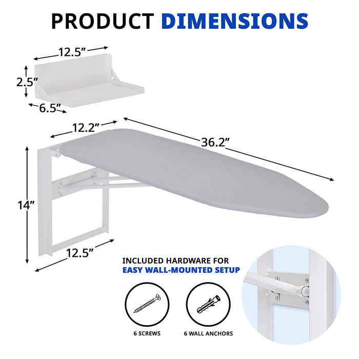 Ivation Wall Mounted Ironing Board, 36.2” x 12.2” Fold Down Iron Board with Storage Shelf