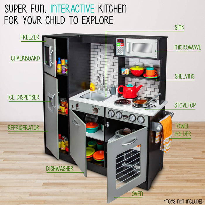Lil' Jumbl Kids Kitchen Set, Wooden Pretend Play Kitchen with Sounds & Accessories - Charcoal