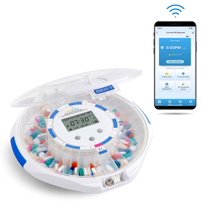 LiveFine Smart WiFi Automatic Pill Dispenser, 28-Day Pill Organizer with Lock Key & App - Clear Lid
