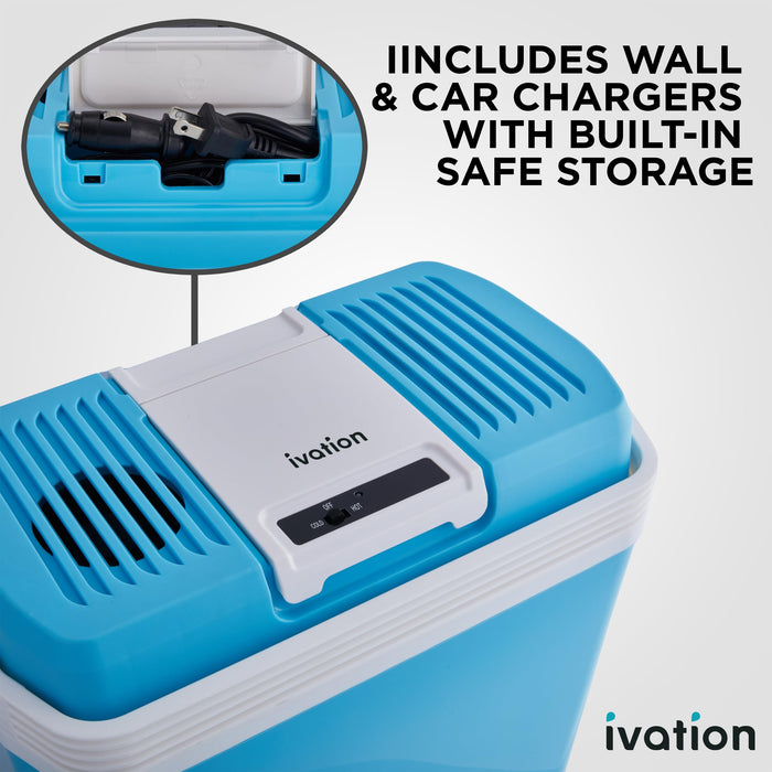 Ivation Electric Cooler & Warmer, 24L Portable Thermoelectric 12 Volt Cooler with Handle - Aqua Blue