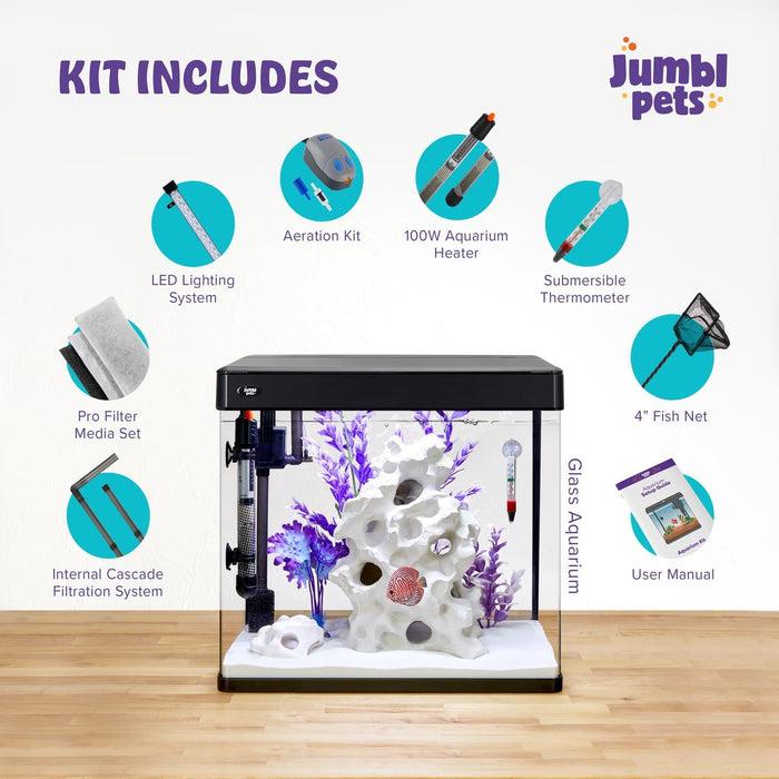 JumblPets Premium Fish Aquarium Kit, Complete Glass Fish Tank Kit w/LED Lighting & More (12 Gallon)