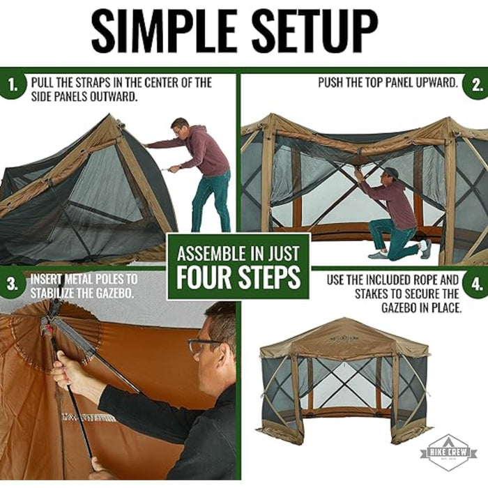 Hike Crew 13’ x 13’ Screened Roof Pop Up Gazebo Tent, 6-Side Outdoor Camping Canopy Shelter