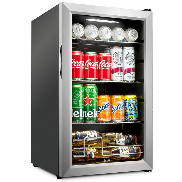 Ivation 101 Can Beverage Refrigerator, Freestanding Mini Fridge with Glass Door - Stainless Steel