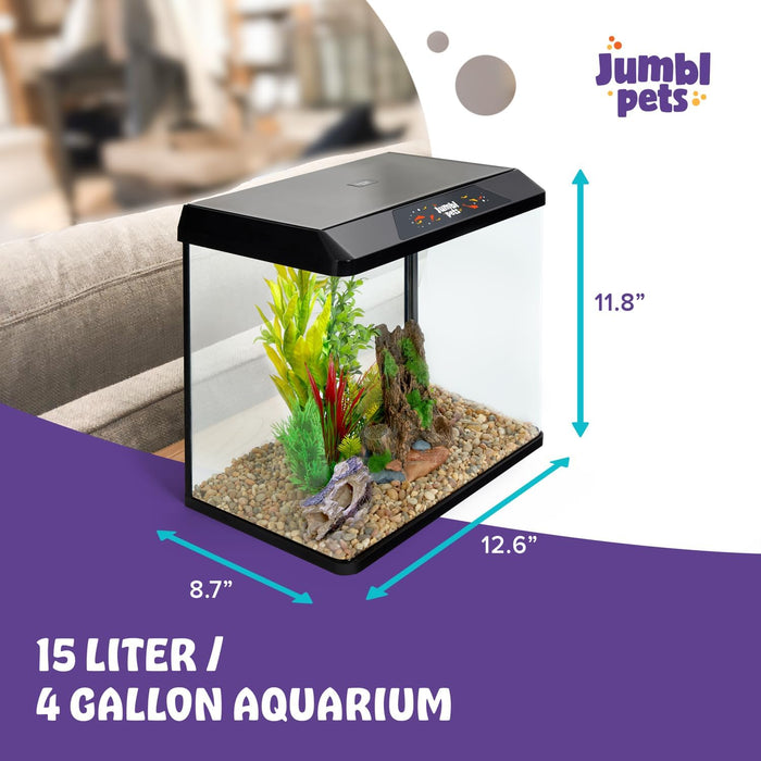 Starter Fish Aquarium Kit, Beginner Glass Fish Tank Kit w/LED Lighting & More