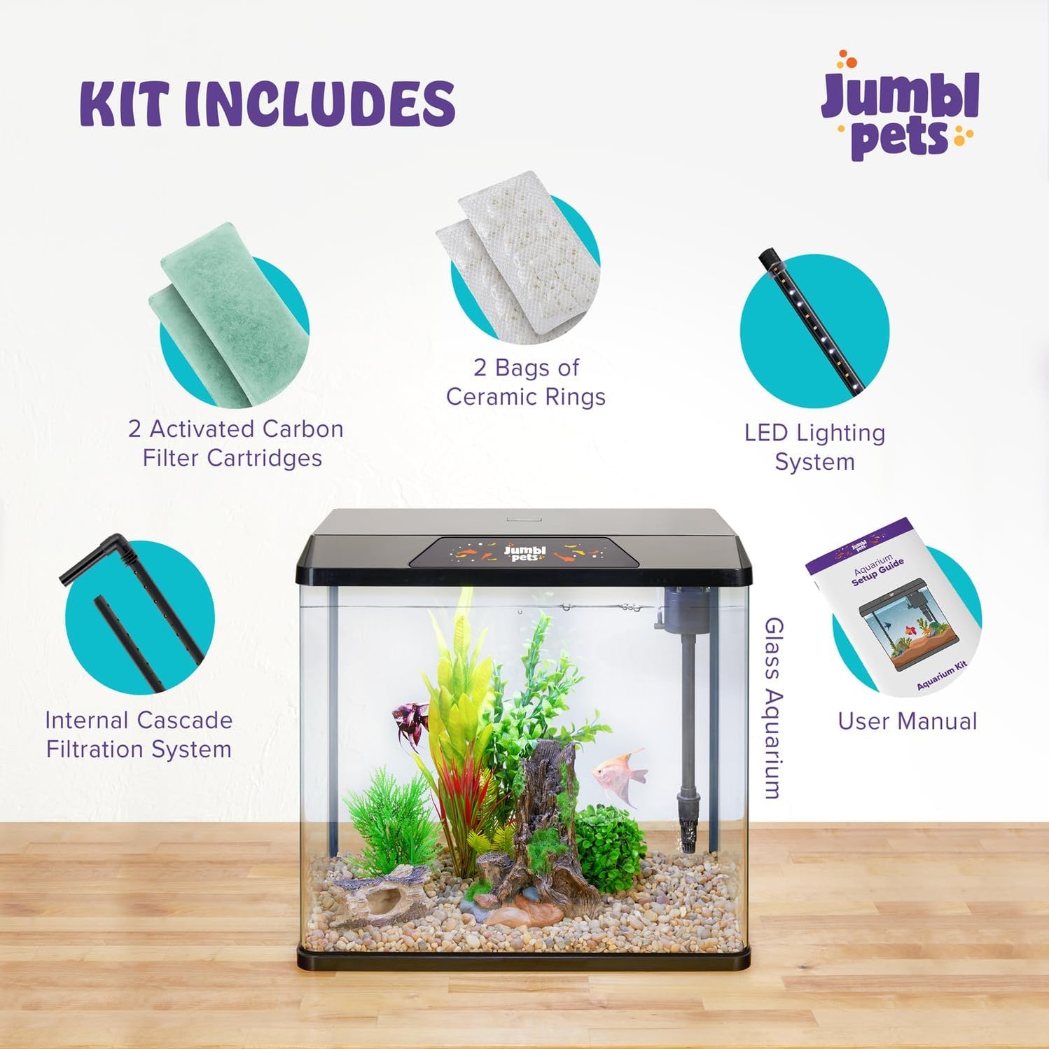 Starter Fish Aquarium Kit, Beginner Glass Fish Tank Kit w/LED Lighting