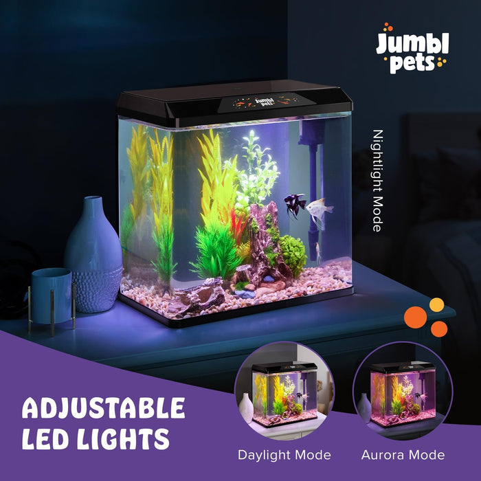 Starter Fish Aquarium Kit, Beginner Glass Fish Tank Kit w/LED Lighting & More
