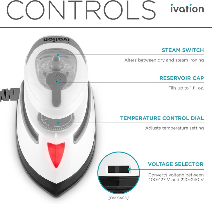 Ivation Travel Steam Iron, Dual Voltage Travel Iron & Clothes Steamer with Nonstick Soleplate & More