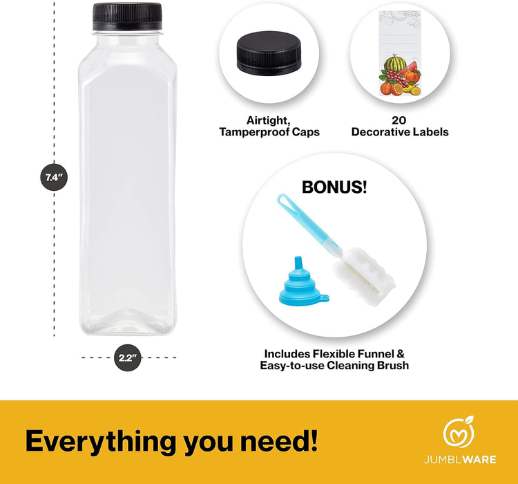 16 fl oz. Clear Plastic Juice Bottles with Caps, Recyclable Juice Bottles, 20 Pcs