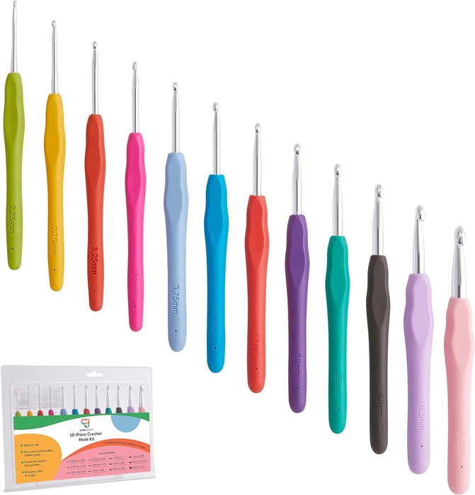 Crochet Hook Set, Assorted Size 12-Piece Needle Kit with Soft Handle & Comfortable Grip