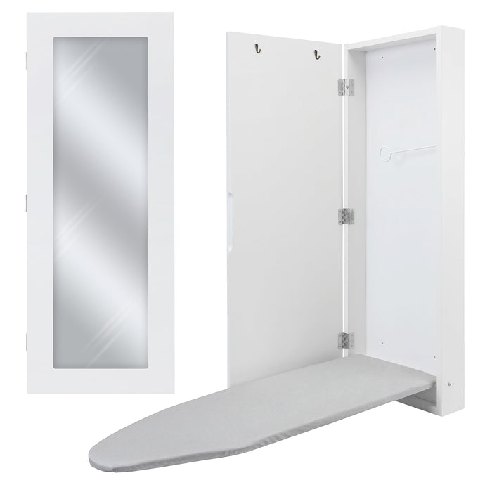 Ironing Board, Wall Mounted Ironing Board Cabinet W/Left Side Door, Mirror & Lever, White