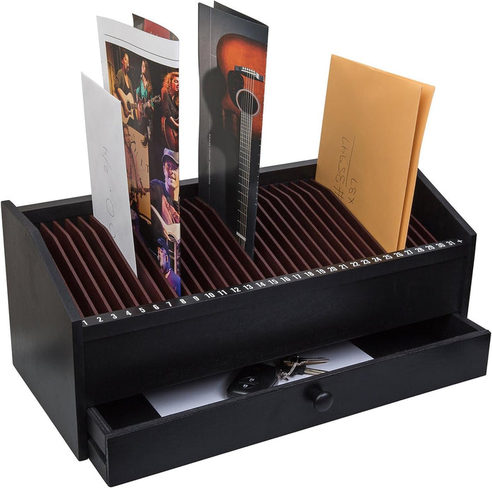 17" - 31 Slot Wooden Bill/Letter Organizer with Drawer