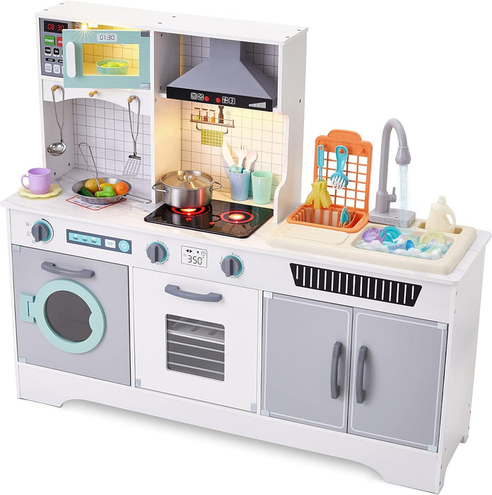 Kids Kitchen Set, Wooden Pretend Play Kitchen with Sounds, Accessories and Running Water