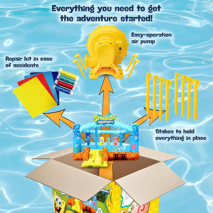 Spongebob Inflatable Bounce House | Bouncy Castle for Kids with Air Blower, Stakes & Repair Kit