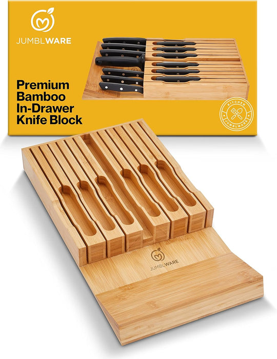Bamboo Knife Block, In-Drawer Knife Drawer Organizer Fits 16 Steak Knives & Sharpener