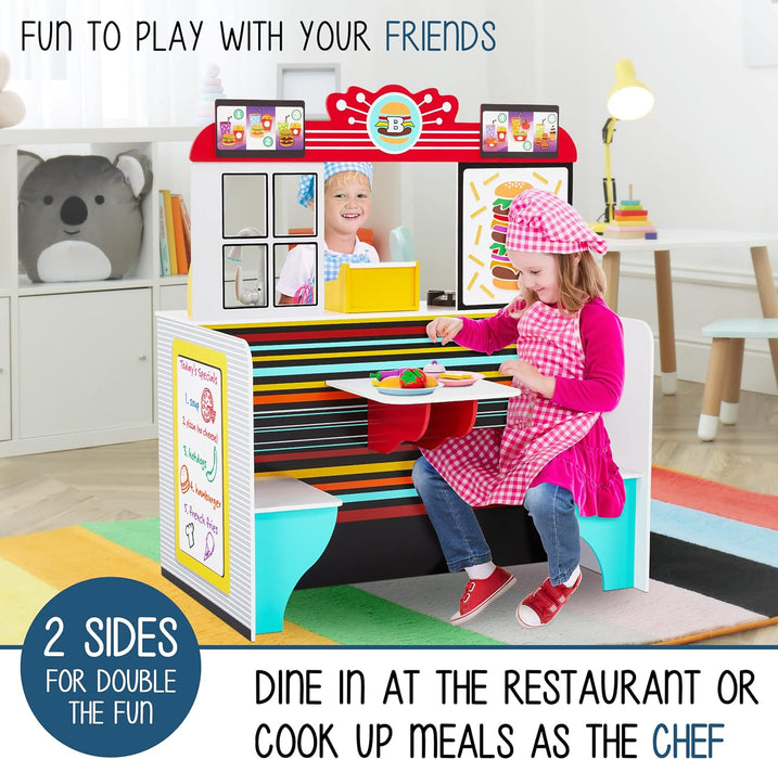 Double-Sided Restaurant Pretend Play Set, Wooden Diner Set with Sounds & Accessories