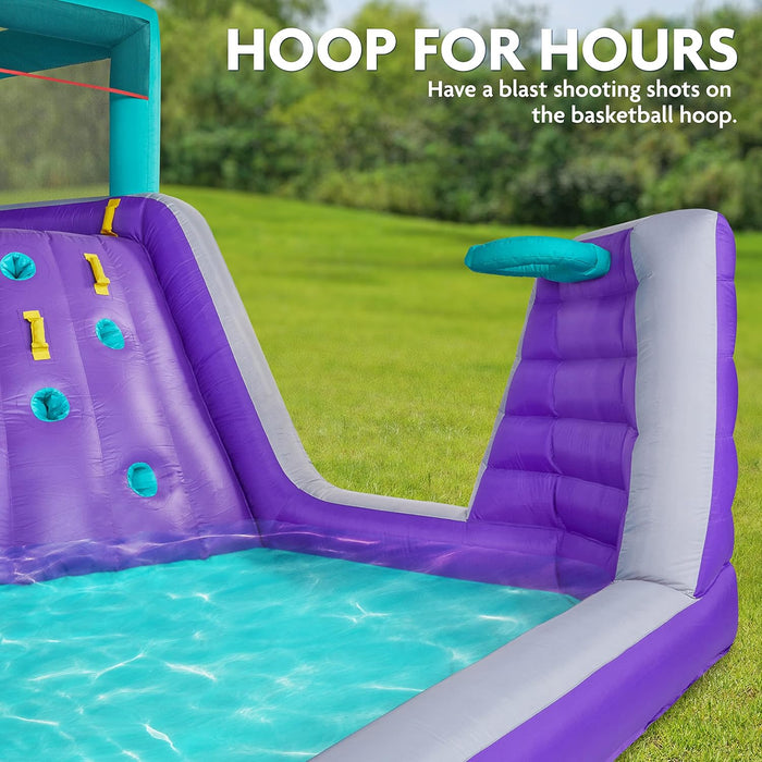 Sunny & Fun Four Corner Inflatable Water Slide Park – Heavy-Duty for Outdoor Fun - Climbing Wall, Slide & Deep Pool