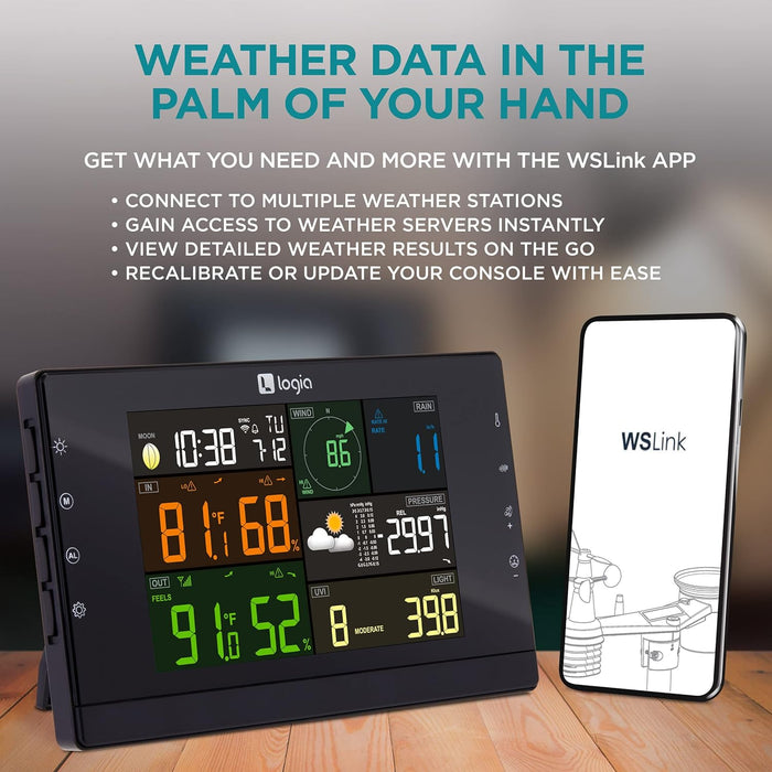 7-in-1 Wi-Fi Wireless Weather Station w/Solar, Indoor/Outdoor weather station w/Alarms & More