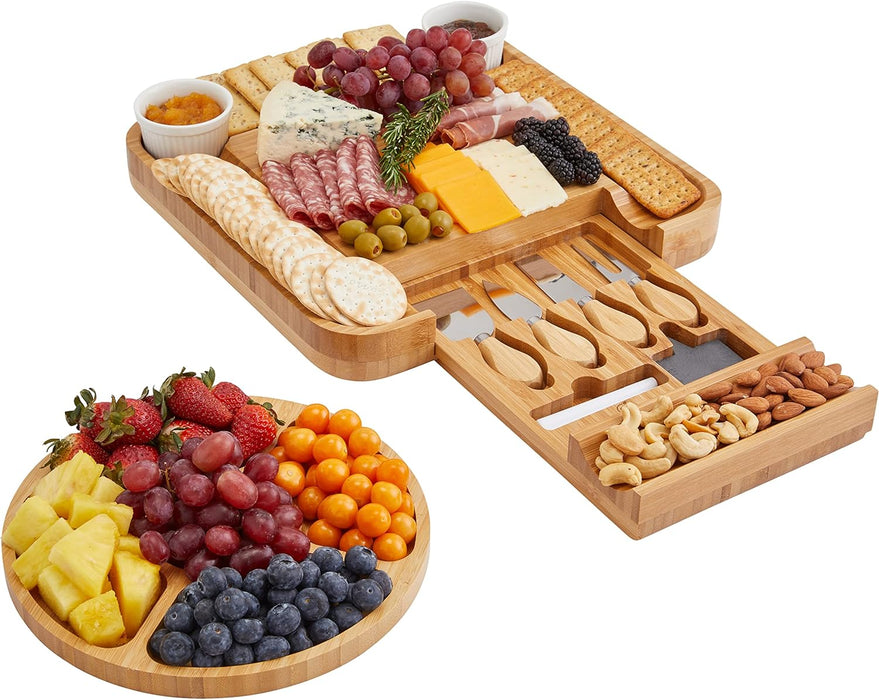 Bamboo Cheese Board and Fruit Platter, Wooden Meat and Cheese Tray with Knife Set