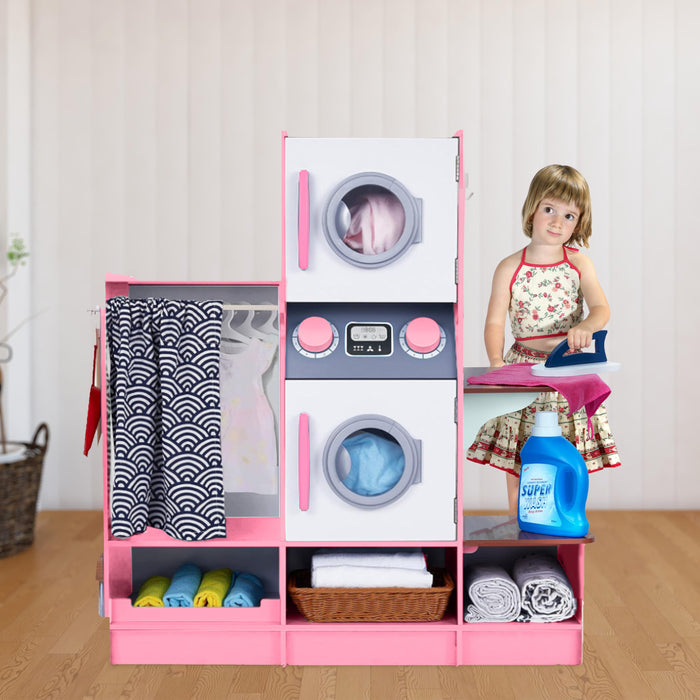 Lil' Jumbl Kids Washer and Dryer Playset, Wooden Pretend Laundry Play Set for Kids - Pink