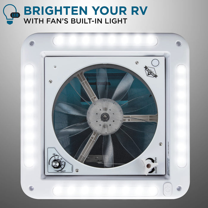 14” RV Roof Vent Fan, 12V Manual Camper Fan with 3-Speeds & LED Light - Smoked Lid