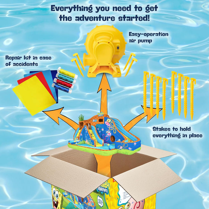 Sunny & Fun SpongeBob Deluxe Adventure Inflatable Water Slide Park – Climbing Wall, 2 Slides & Splash Pool