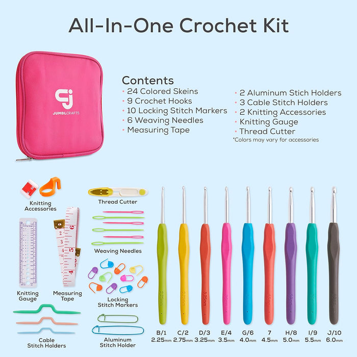 Ultimate Crochet Starter Kit - 24 Yarn Set with Travel Bag, Crochet Hooks, and More