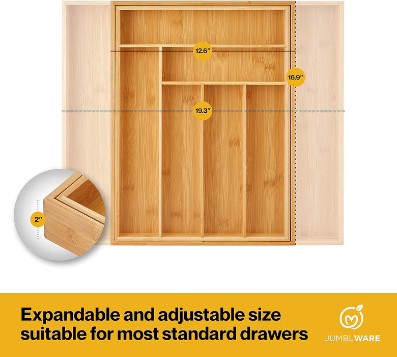 Bamboo Drawer Organizer and Extendable Kitchen Silverware Organizer with Dividers