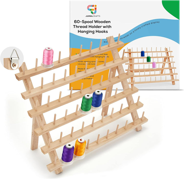 Wooden Thread Holder. 60-Spool Thread Rack with Hanging Hooks & Flip-Out Legs