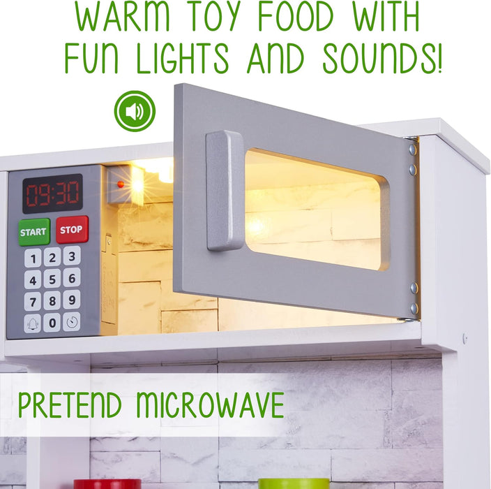 Premium Kids Kitchen Set, Wooden Pretend Play Kitchen with Sounds & Accessories - White