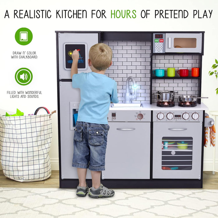 Premium Kids Kitchen Set, Wooden Pretend Play Kitchen W/Sounds & Accessories - Charcoal