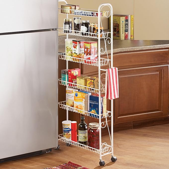 SkyMall Slim Rolling 6-Tier Shelf, White Metal with Elegant Scroll Design Accent - Extra Kitchen and Bathroom Storage, 6"