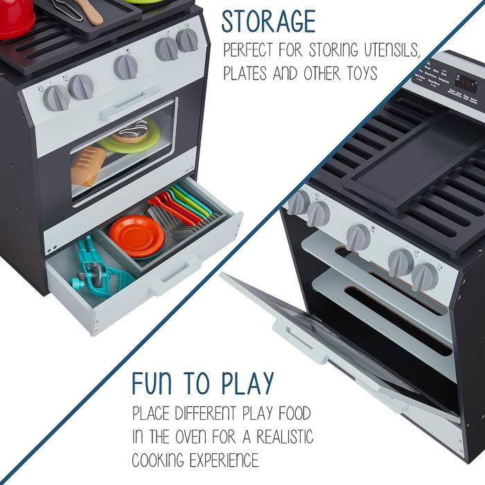Wooden Play Oven, Gourmet Kitchen Playset with Pretend Oven, Stove, Knobs & More