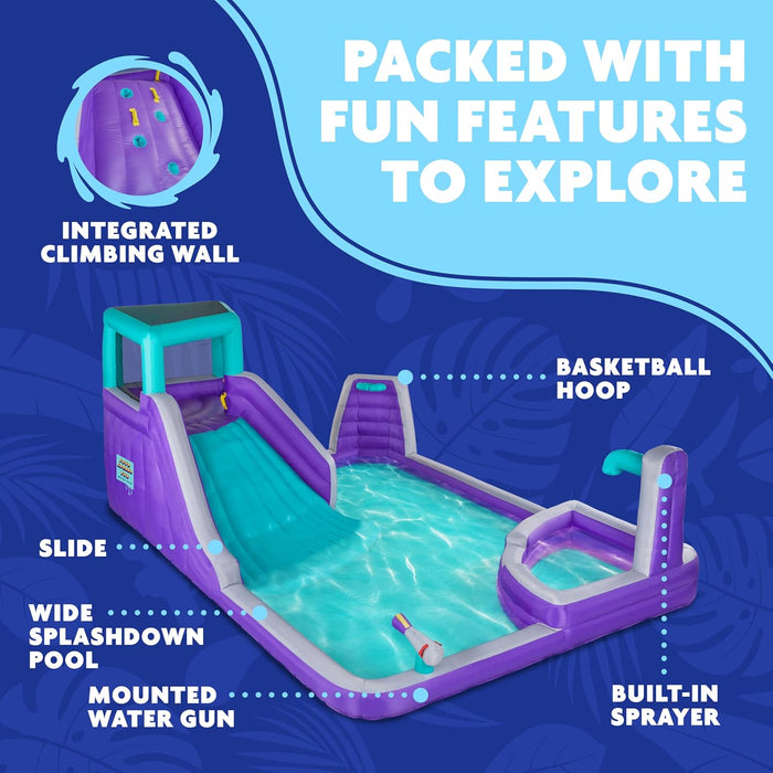 Sunny & Fun Four Corner Inflatable Water Slide Park – Heavy-Duty for Outdoor Fun - Climbing Wall, Slide & Deep Pool
