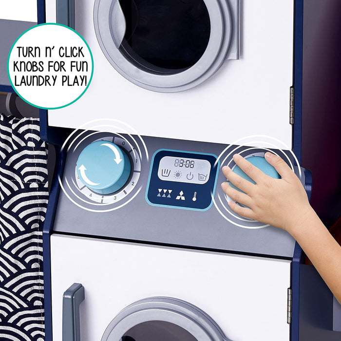 Kids Washer and Dryer Playset, Wooden Laundry Play Set for Kids w/Iron, Hangers & More