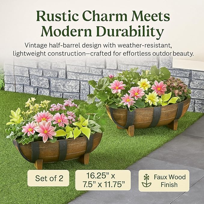 Decorative Outdoor Half Barrel Planters - Set of 2