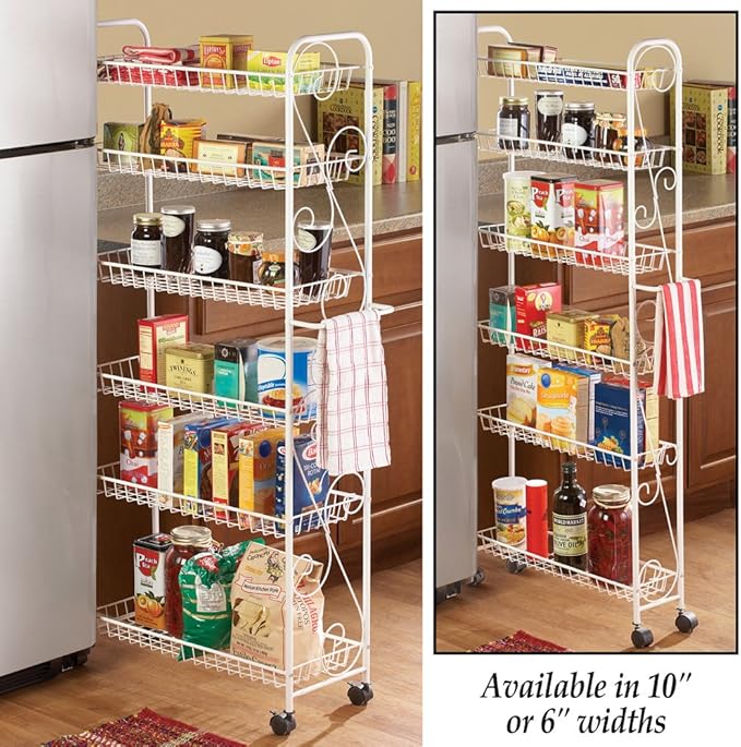 SkyMall Slim Rolling 6-Tier Shelf, White Metal with Elegant Scroll Design Accent - Extra Kitchen and Bathroom Storage, 6"