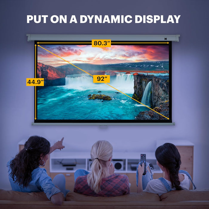 Kodak 92" Manual Pull Down Projector Screen, Large 16:9 Retractable Projector Screen
