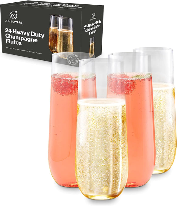 24 Clear Stemless Plastic Champagne Flutes (9-oz.), Recyclable, Disposable & Shatterproof