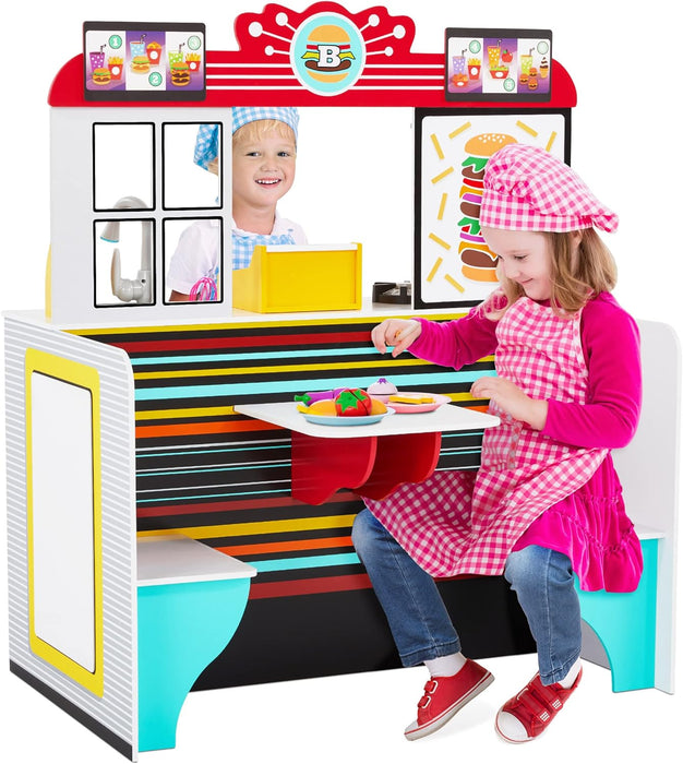 Double-Sided Restaurant Pretend Play Set, Wooden Diner Set with Sounds & Accessories
