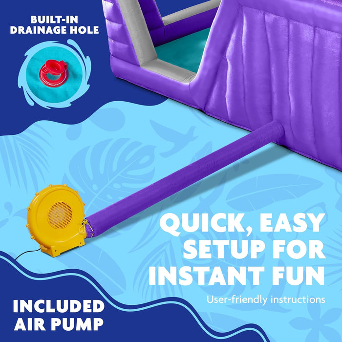 Sunny & Fun Four Corner Inflatable Water Slide Park – Heavy-Duty for Outdoor Fun - Climbing Wall, Slide & Deep Pool