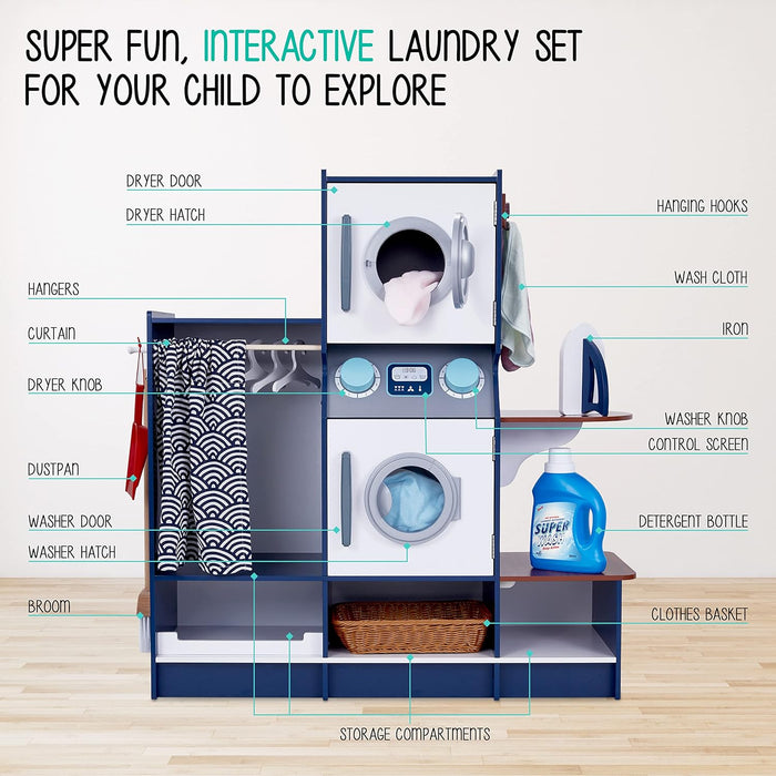 Kids Washer and Dryer Playset, Wooden Laundry Play Set for Kids w/Iron, Hangers & More