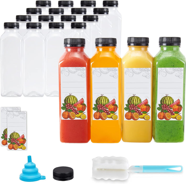 16 fl oz. Clear Plastic Juice Bottles with Caps, Recyclable Juice Bottles, 20 Pcs
