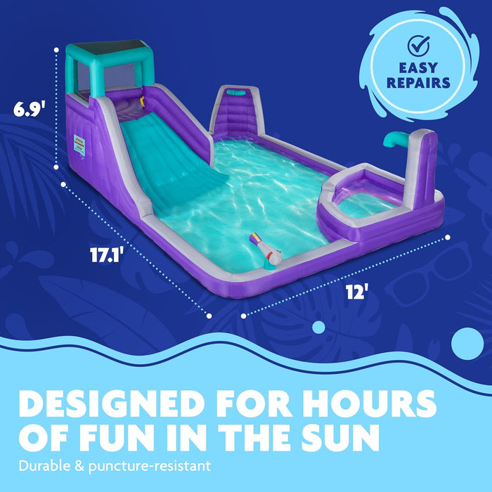 Sunny & Fun Four Corner Inflatable Water Slide Park – Heavy-Duty for Outdoor Fun - Climbing Wall, Slide & Deep Pool