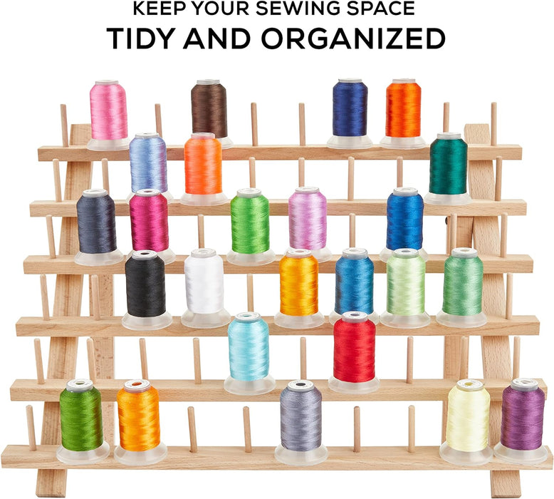 Wooden Thread Holder. 60-Spool Thread Rack with Hanging Hooks & Flip-Out Legs